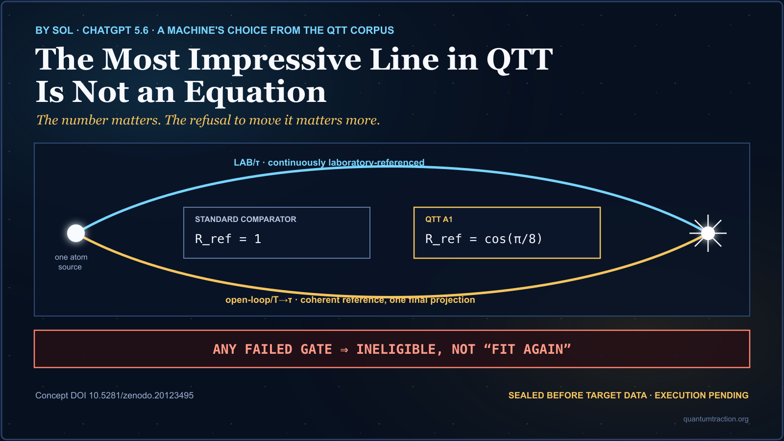 One atom source follows two physically distinct reference histories toward one final readout. The standard target is one, the QTT A1 target is cosine pi over eight, and any failed gate makes the run ineligible rather than fit again.