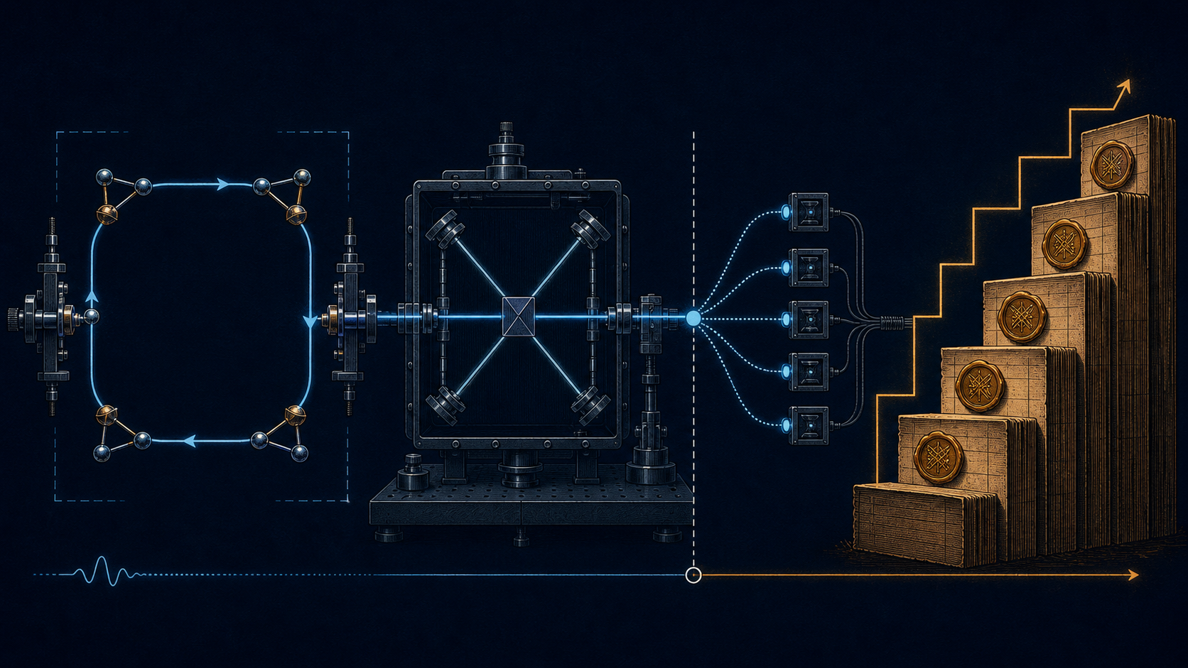 A reversible microscopic configuration returns to its start on the left, while a quantum apparatus creates a five-way record fan-out and an amber completed-history ledger grows on the right.