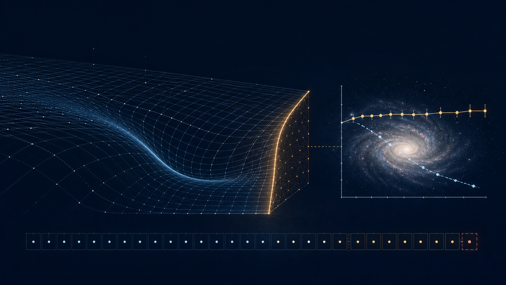 Scientific editorial illustration of a smooth blue spacetime grid reaching a finite amber boundary, with a spiral galaxy and contrasting orbital-velocity traces.