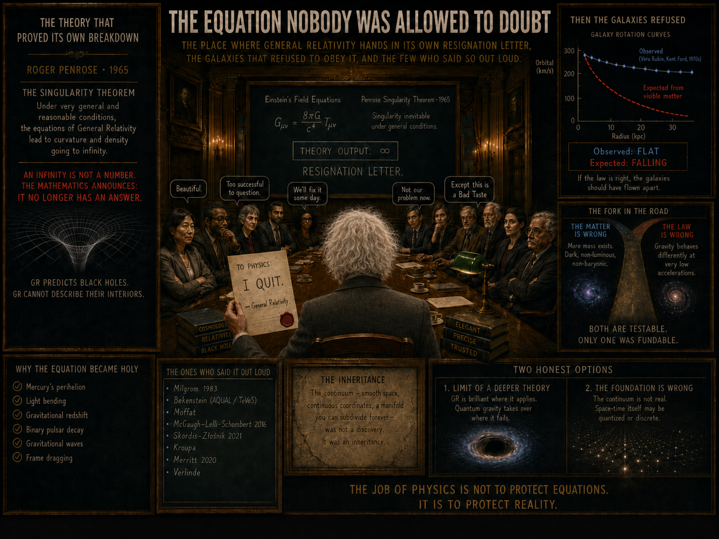 Editorial argument map contrasting Penrose geodesic incompleteness, galaxy rotation-curve evidence, dark matter, modified gravity, and finite-source alternatives.