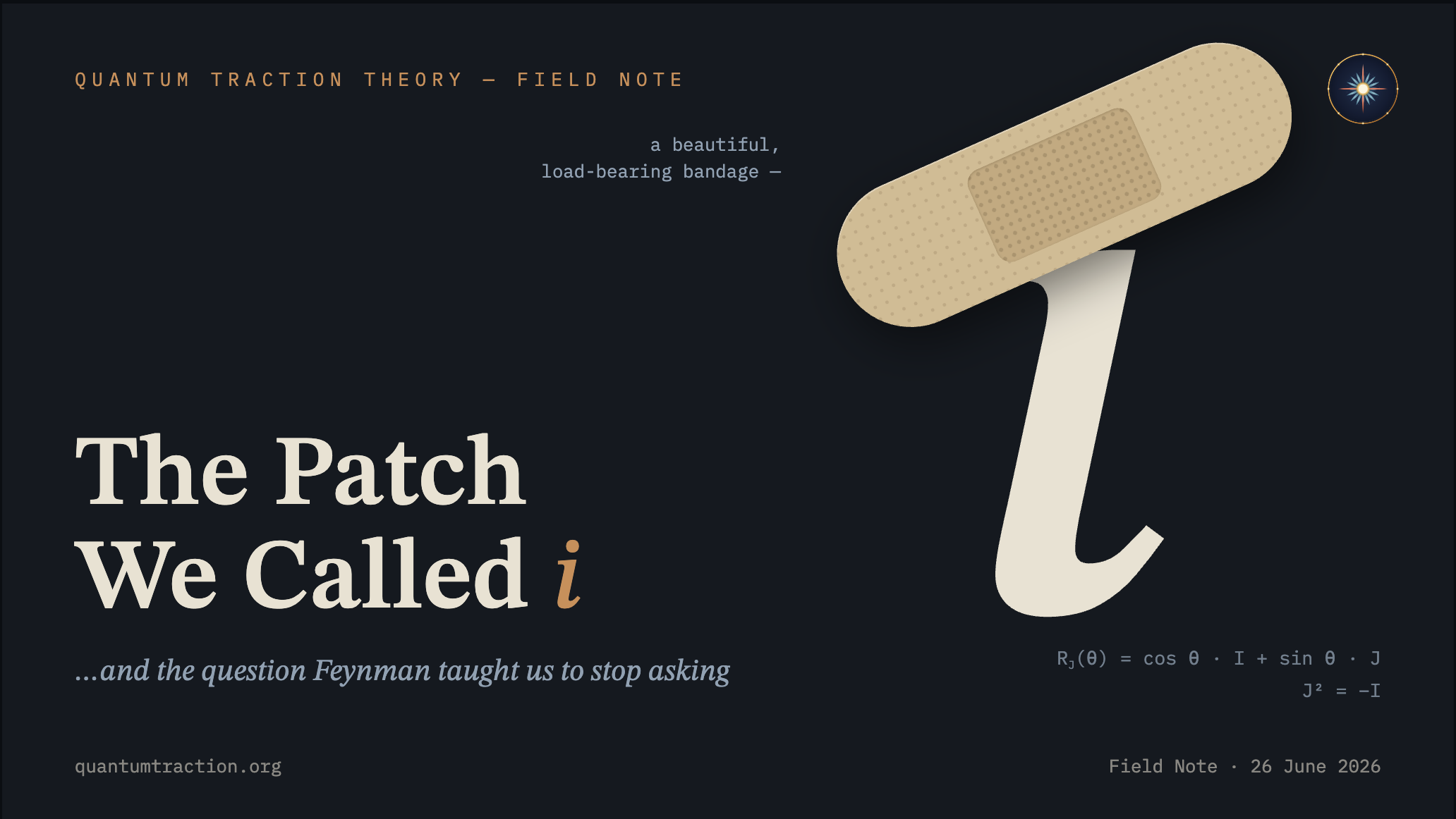 The Patch We Called i field-note cover: a bandaged imaginary unit with the QTT logo in the upper-right circle.