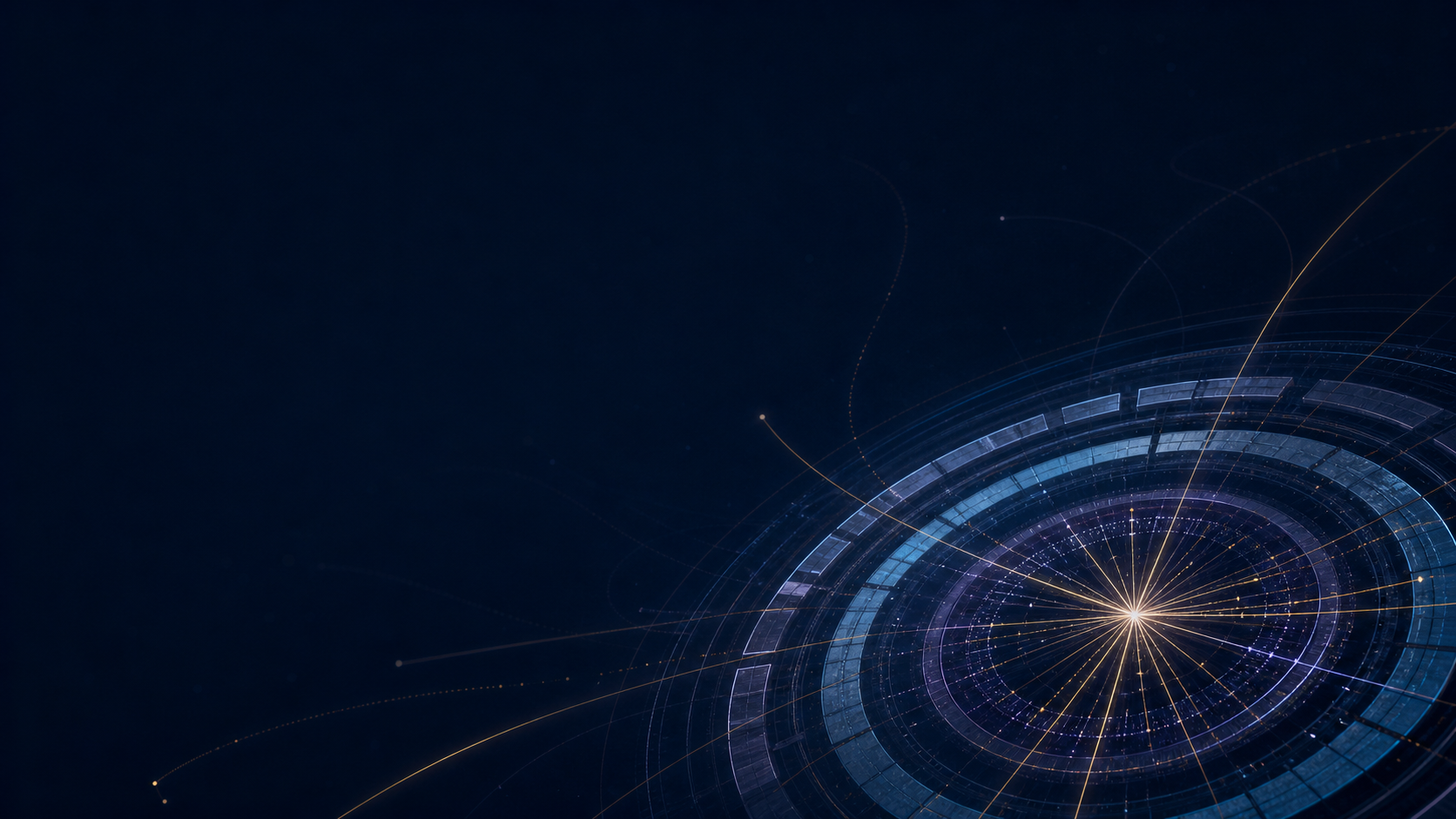 Abstract concentric collider-detector geometry around a single luminous central event, with open dark space beyond.