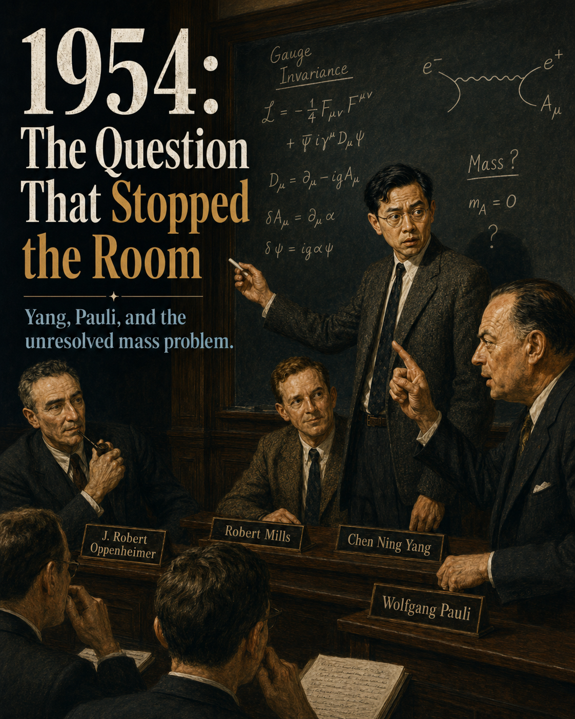 Editorial illustration of the 1954 Yang-Mills seminar scene, with Chen Ning Yang at the blackboard and Wolfgang Pauli raising the mass question.
