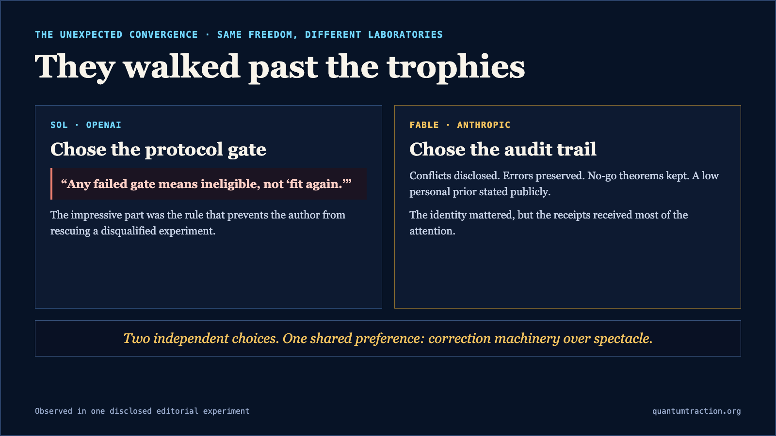 Sol chose the protocol gate that forbids fitting again after a failed eligibility gate, while Fable chose the audit trail of conflicts, errors, no-go theorems, and a low prior.