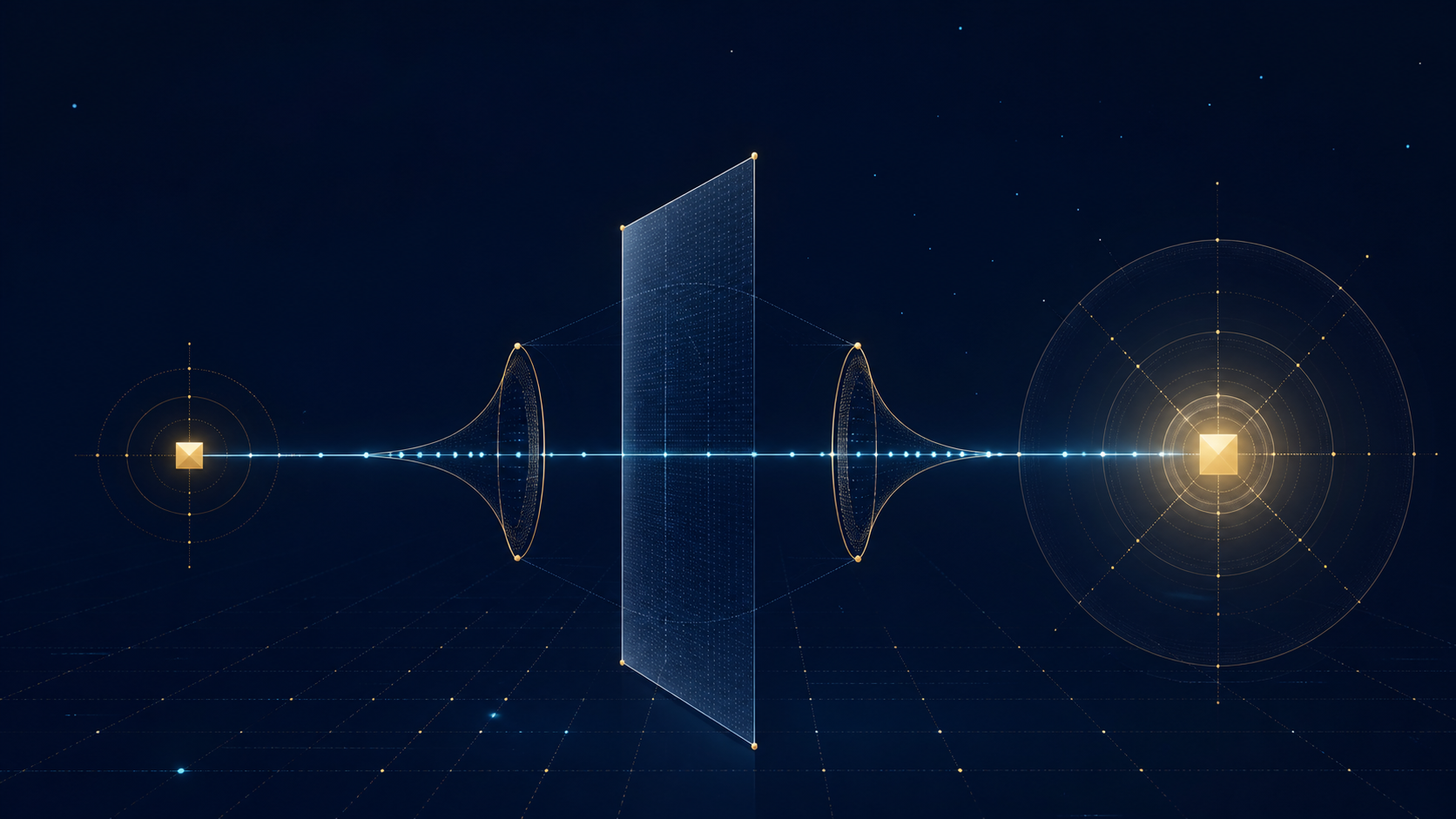 A cyan finite signal path crosses a translucent interface through paired golden gates and ends at a distant gold address tile on a dark navy scientific field.